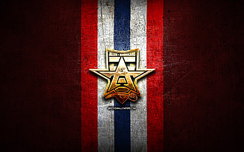 Allen Americans, golden logo, ECHL, red metal background, american hockey team, Allen Americans logo, hockey HD wallpaper