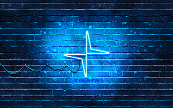 Polestar blue logo, , blue brickwall, Polestar logo, cars brands, Polestar neon logo, Polestar HD wallpaper