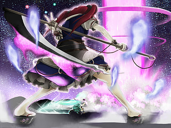 Onozuka Komachi VS Konpaku Youmu, sandals, fighting, fight, red hair, stars, long hair, komachi, onozuka komachi, short hair, youmu, konpaku youmu, power, sword, skirts, weapons, wristband, action, battle, white hair, touhou, scythes HD wallpaper