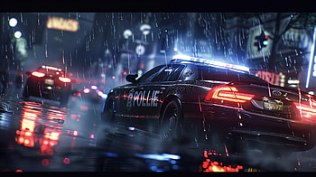 Police Car in Rainy Night, police, police car, rain, city night, neon lights HD wallpaper