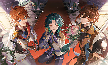Tartaglia, Xiao & Zhongli, Zhongli (Genshin Impact), Xiao (Genshin Impact), Tartaglia Childe (Genshin Impact), video game, Genshin Impact HD wallpaper