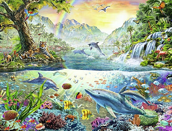 Dolphin's Paradise, sea, artwork, painting, landscape, flowers, tigers HD wallpaper