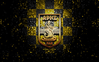 Aris Thessaloniki FC, glitter logo, Super League Greece, yellow black checkered background, soccer, greek football club, Aris Thessaloniki logo, mosaic art, football, Aris Thessaloniki HD wallpaper