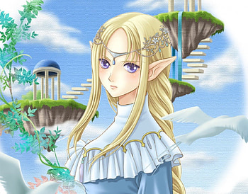 Elf Princess, blonde, purple eyes, wing, magical, blonde hair, cloud, female, sexy, bird, gorgeous, hot, paradise, girl, elf, anime girl, tiara, anime, fantasy, heaven, stair, ears, aradise, sublime, cute, long hair, staircase, crown, wings, magic, divine, elegant, pavilion, sky, princess HD wallpaper