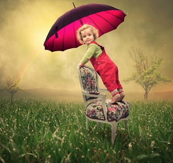 I love the rain, umbrella, field, red, cute, girl, child HD wallpaper