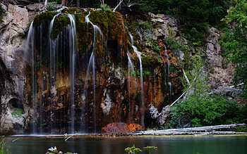 Hanging Lake at dusk, Glenwood Canyon, Colorado, trees, waterfall, rocks, usa HD wallpaper