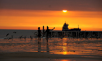Birds, Sunset, Sea, Children, Waves, Beach, Love, Bridge, Embankment, Quay HD wallpaper