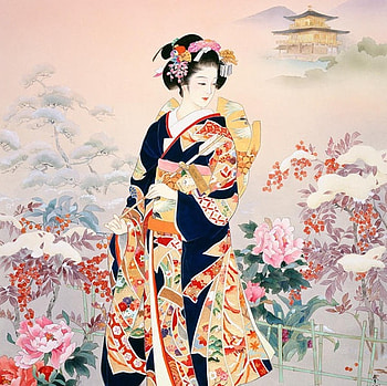 Geisha, kimono, geusha, art, asian, flower, fuyune haruyo, girl, haruyo morita HD wallpaper