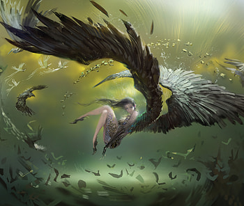 Angel, wings, frumusete, art, girl, superb, fantasy, green, yuhang 9youqu2e, luminos HD wallpaper