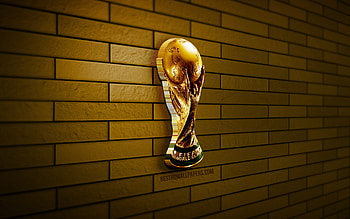 3D FIFA World Cup, , yellow brickwall, creative, football trophies, FIFA World Cup, 3D art, Cup icon, FIFA, trophies icon HD wallpaper