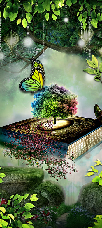 Fantasy Book 2, beautiful, forest, green, premium, natural, nature, butterfly HD phone wallpaper