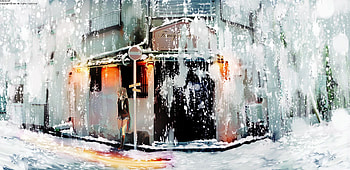 Waiting for a Ride, winter, awesome, nice, snow, hatsune, aqua eyes, white, hatsune miku, twintail, coffee shotp, girl, aqua, shop, anime, pretty, virtual, black, cute, vocaloid, beauty, miku, sign, painting, abstract, vocaloids, thighhighs, road, program, skirt, beautiful, diva, aqua hair, cool, building, idol HD wallpaper