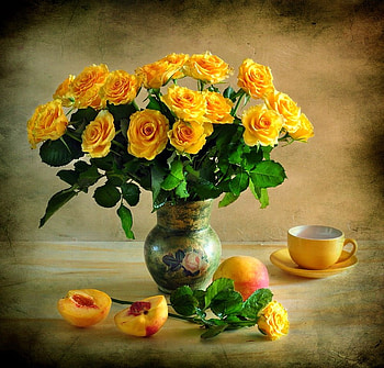 Roses and peaches, table, roses, yellow, vase, peaches, tea cup HD wallpaper