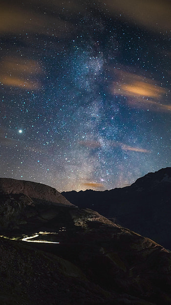 Mountains, Stars, Night, Rocks, Dark, Starry Sky, Nebula HD phone wallpaper