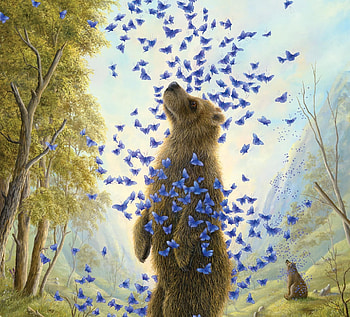 The embrace, blue, painting, bear, urs, art, fantasy, robert bissell, pictura, butterfly HD wallpaper