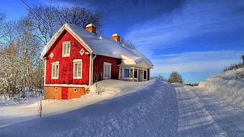 Architecture house window, Snow winter road, Trees clouds nature, Sweden landscape HD wallpaper