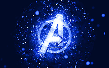 Avengers dark blue logo, , dark blue neon lights, creative, dark blue abstract background, Avengers logo, superheroes, Avengers HD wallpaper