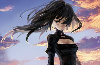 Sunset Goobye, blue eyes, eyepatch, pixiv id 57908, black hair, long hair, mnr, anime, uroko, sunset HD wallpaper