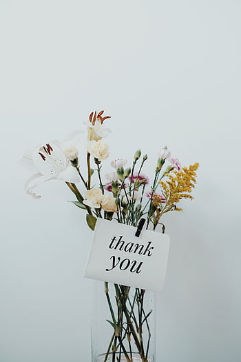 Delicate bouquet featuring a thank you note on a soft white background. HD phone wallpaper