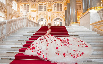 Beauty, white, stairs, model, red, girl, bride, dress, woman HD wallpaper