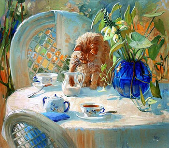 fishin, chair, table, tea, vase, cat, cup HD wallpaper
