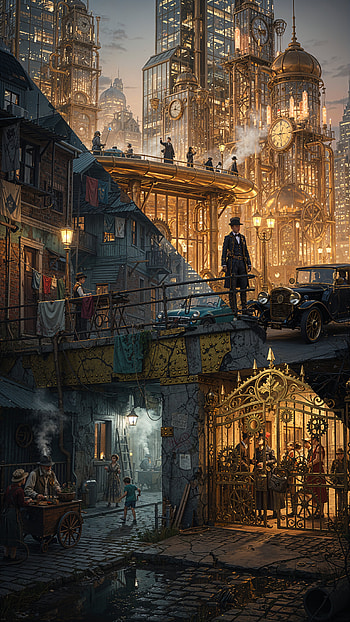 Gilded Divide — of Urban Inequality, steampunk, cityscape HD phone wallpaper