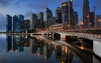 Singapore, Esplanade Bridge, Singapore River, evening, sunset, Singapore skyscrapers, Singapore cityscape, skyline, modern buildings, Asia HD wallpaper