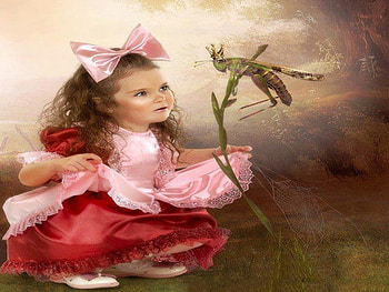 Girl in Forest, little girl, trees, dragonfly, look, forest HD wallpaper