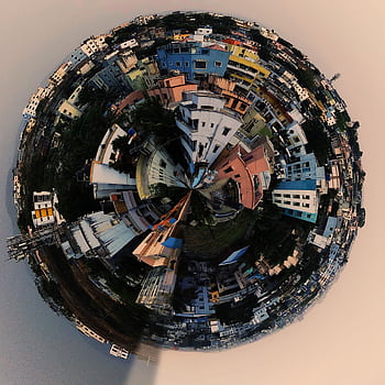 A spherical panorama showing an artistic view of an urban city at twilight. HD phone wallpaper