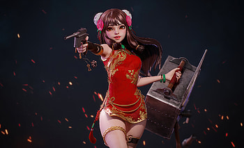 Red Dress Girl With Gun , artist, artwork, artstation HD wallpaper
