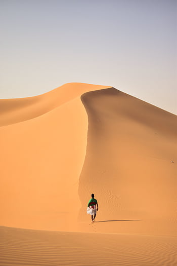A lone traveler walking over the vast, golden sand dunes of the Sahara Desert in Algeria. HD phone wallpaper