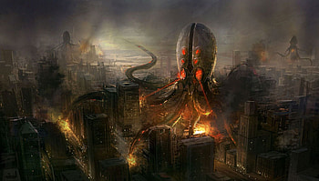 Monster, fantasy, city, dark HD wallpaper
