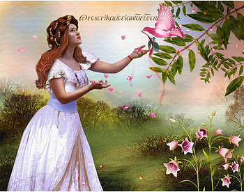 Charming Girl, trees, girl, bird, fantasy HD wallpaper