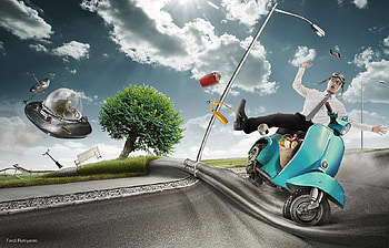 :), man, ferdi rizkiyanto, tree, scuter, summer, creative, fantasy, road, funny, cloud HD wallpaper