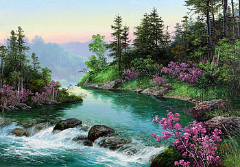 Little River, trees, river, flowers, water HD wallpaper