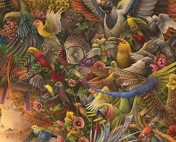 In the Valley of the moon (detail), art, bird, surreal, painting, fantasy, pictura, detail, hannah yata, luminos, pasari, valley of the moon HD wallpaper