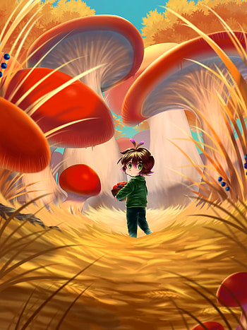 Original, anime, girl in mushrooms jungle HD phone wallpaper