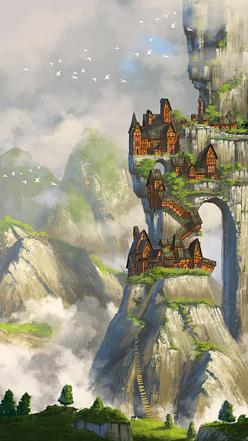 Landscape, Fantasy, Art, City, Rocks, Canvas HD phone wallpaper