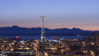 Seattle, Space Needle, Pacific Northwest, USA, Washington State, City, Sunset, Lights, Evening / and Mobile Backgrounds HD wallpaper