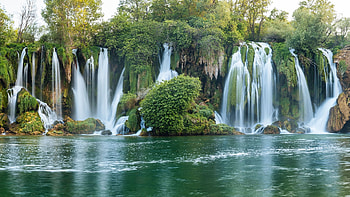 kravica falls, river, trees, rocks, moss, forest plants HD wallpaper