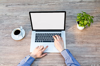 A comforting workspace with a laptop, coffee cup, and potted plant on a wooden desk. HD wallpaper