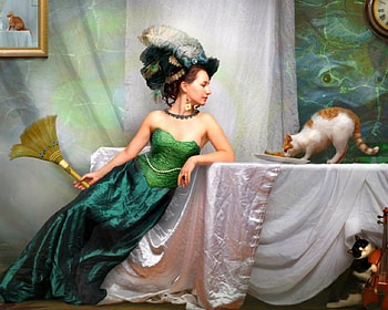 Cat in the table, table, animals, cute, cat, pet, woman HD wallpaper