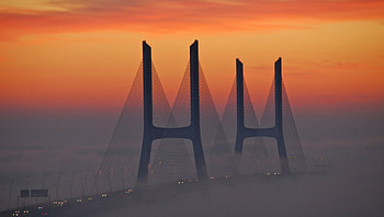 fabulous modern bridge towers in fog, fog, bridge, wires, sunset, towers HD wallpaper