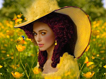Elaborate Yellow, hat, auburn, colorful, vibrant, bird, meadow, dress, vivid, green, yellow, bright, bold, flowers HD wallpaper