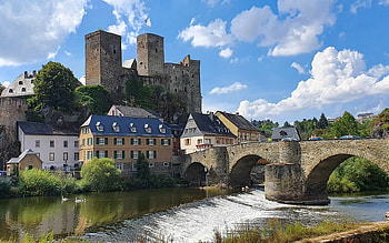 Castle in West Europe, river, bridge, houses, castle HD wallpaper