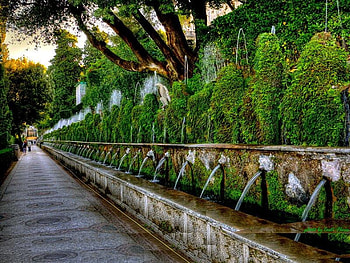 Italy Street, architecture, sidewalk, brick, bush, tree, green, street, sky, water, fountains HD wallpaper