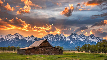 Moulton Barn at Sunset, tetons, landscape, clouds, colors, sky, mountains, usa, wyoming HD wallpaper