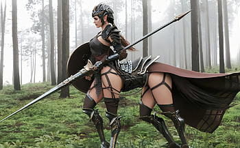 Sexy Centaur, helmet, javlin, model, fantasy, brunette, centaur, forest HD wallpaper