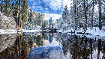 Winter Reflection At Yosemite, Merced River, mountains, water, snow, california, trees, usa HD wallpaper