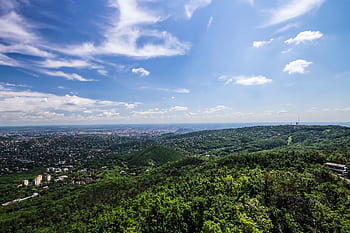 A vast cityscape view with lush green hills under a bright blue sky. HD wallpaper